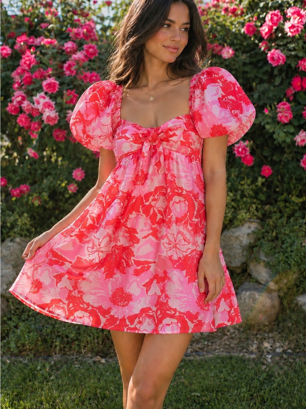 Petal & Pup Coral Pink Floral Puff-Sleeve Mini Dress
